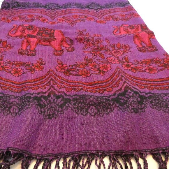 Silk Cashmere Scarf Pashmina Red Purple Thailand Embossed Elephant Good Luck NWT - Picture 1 of 7